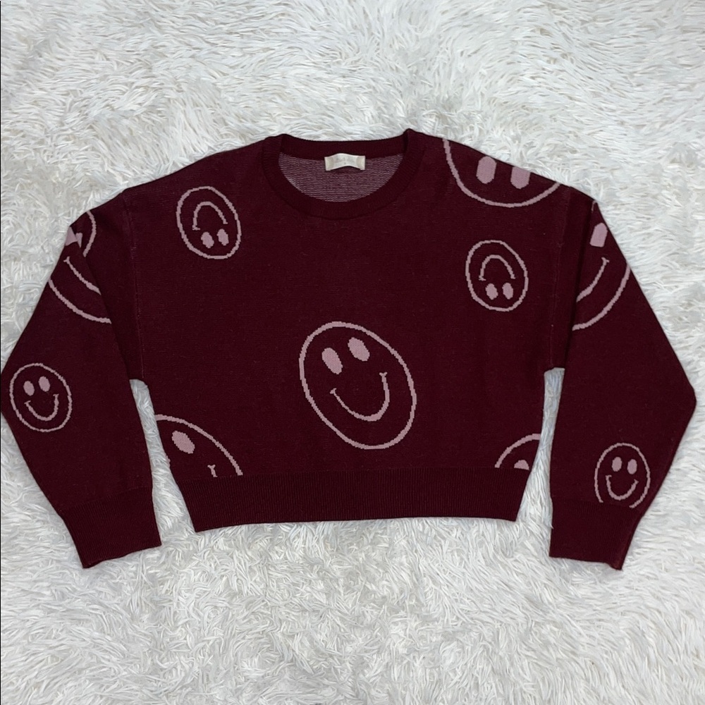 Altar'd State Burgundy Smiley Face Oversized Women’s Sweater Size SMALL
